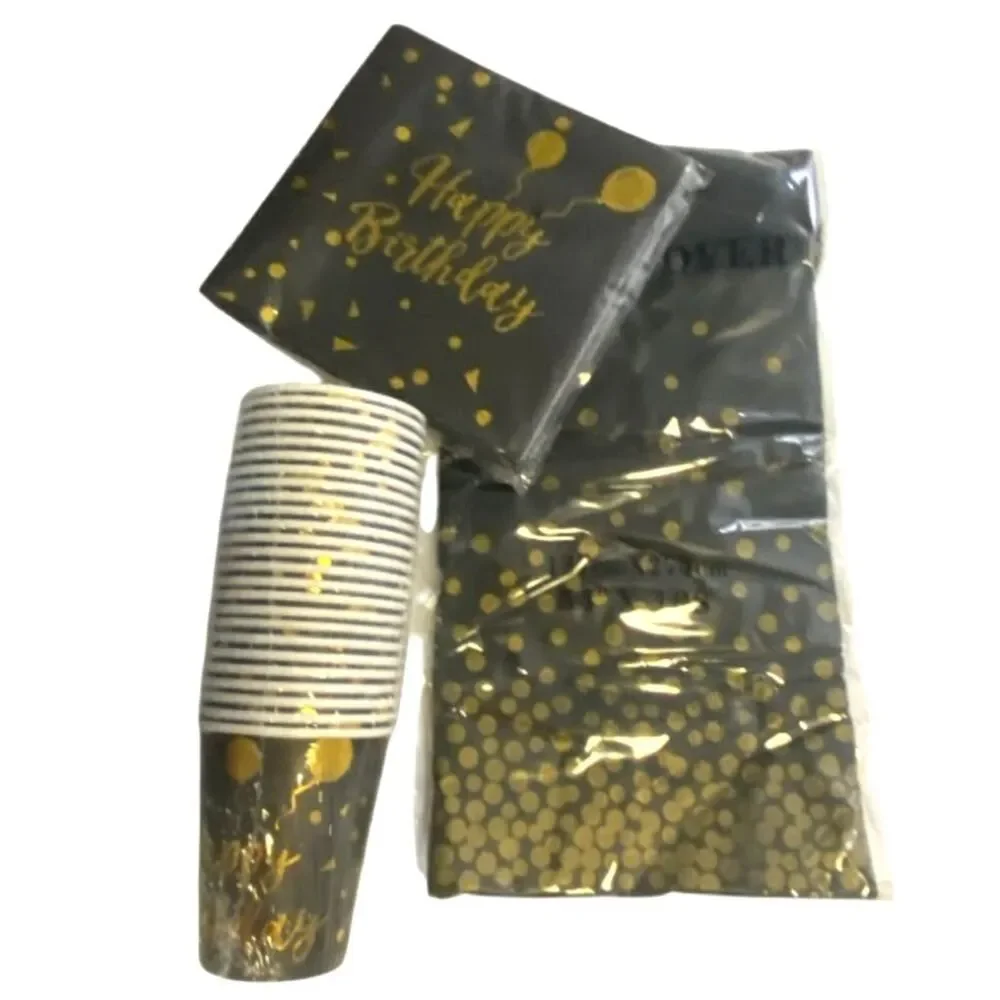 Happy Birthday Disposable Tableware Set Of 20 New Black and Gold Sealed